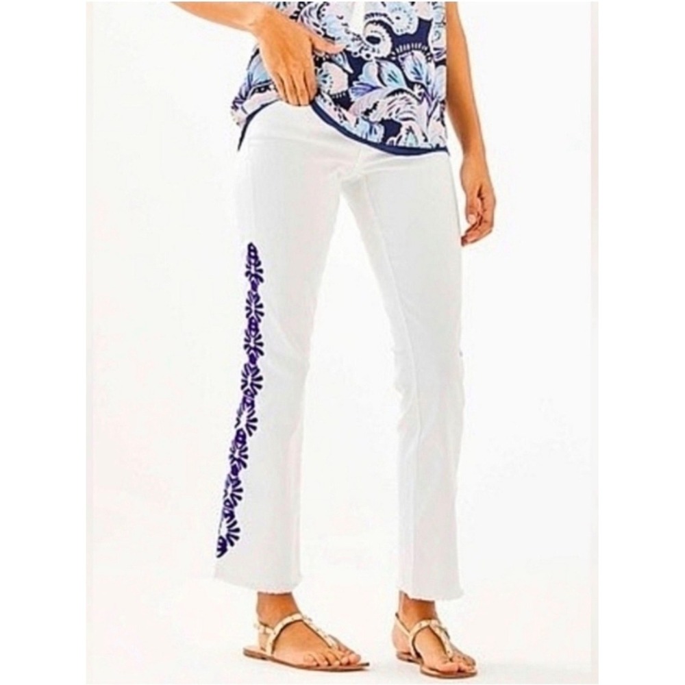 Lilly Pulitzer South Ocean Crop Flare Jeans White Blue Embroidered Size 10